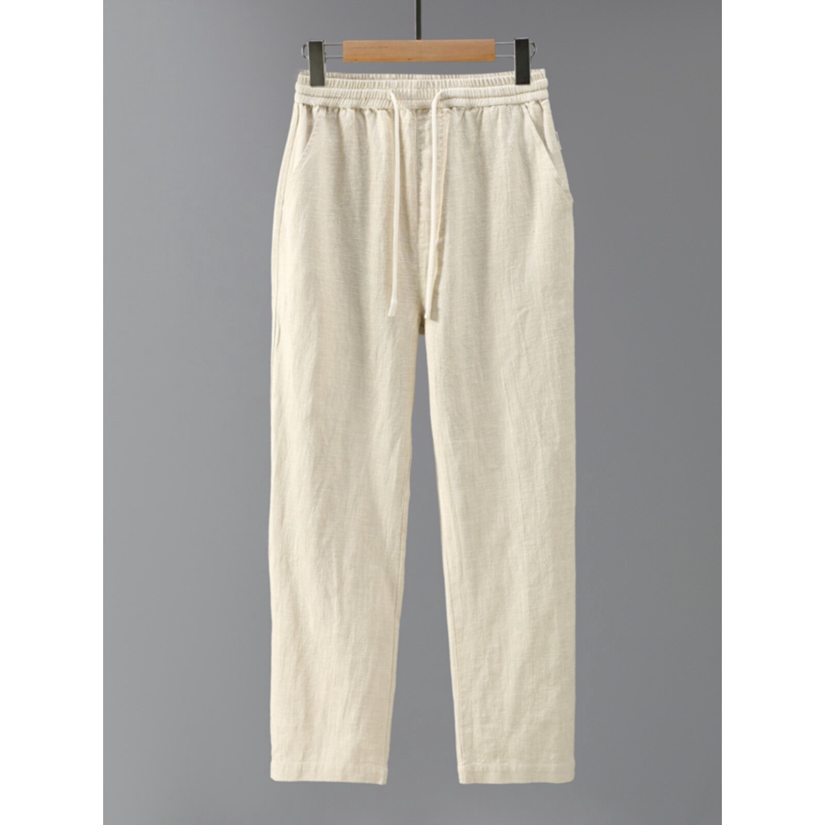 棉麻直筒长裤男士透气复古百搭系带棉麻布料休闲裤宽松纯色亚麻裤