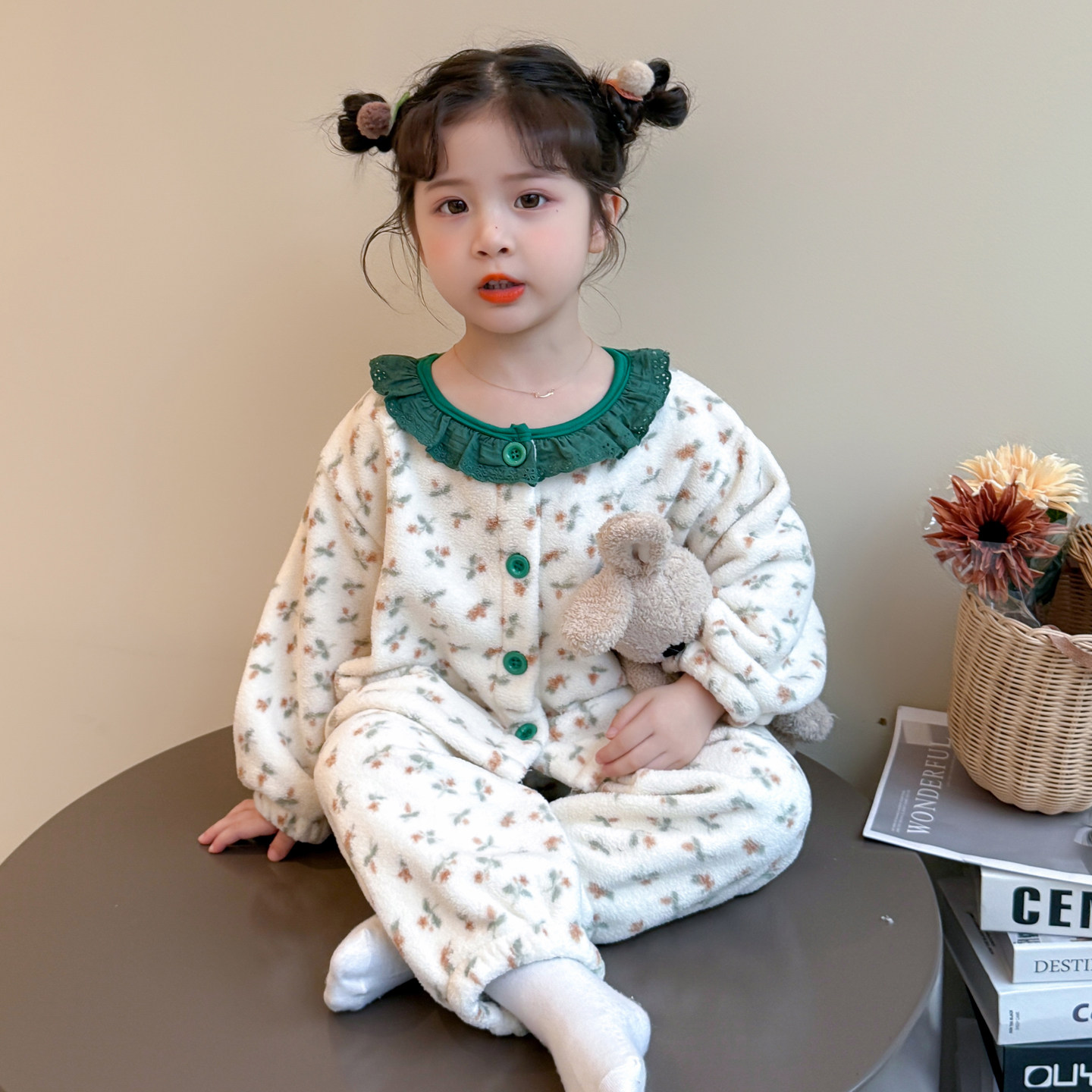 女童睡衣秋冬季2025新款女孩花边开衫套装宝宝珊瑚绒儿童家居服冬