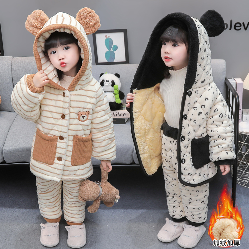 女童冬季法兰绒三层加绒夹棉睡衣
