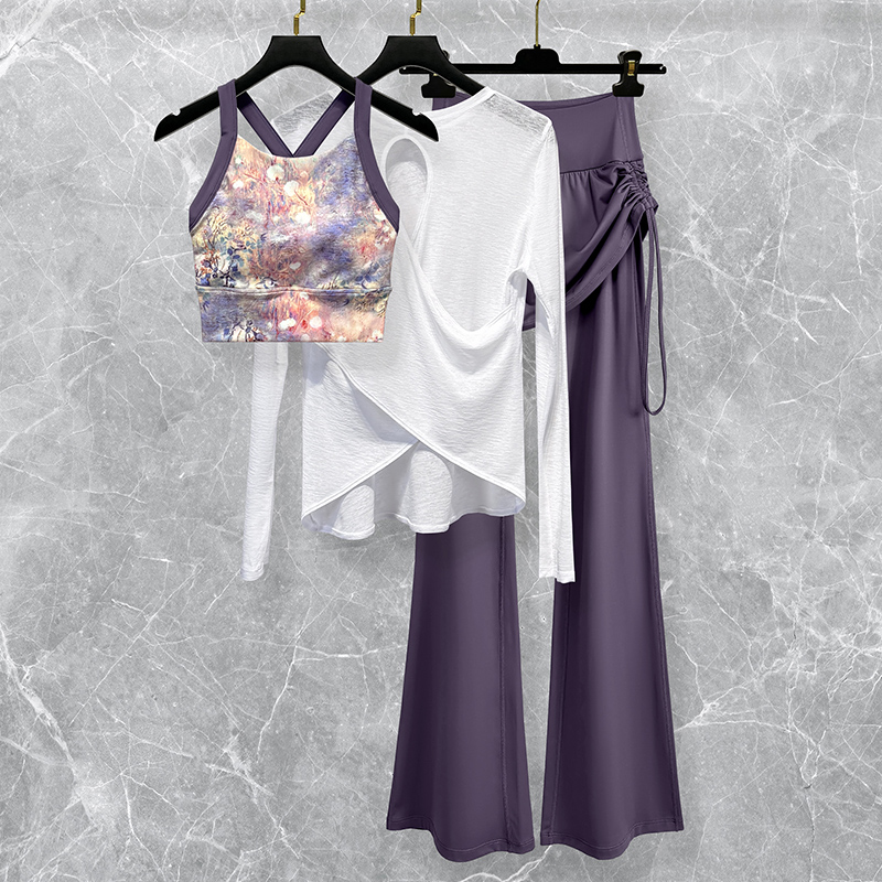 普拉提瑜伽服套装女2025新款秋冬时尚花色运动健身训练背心喇叭裤