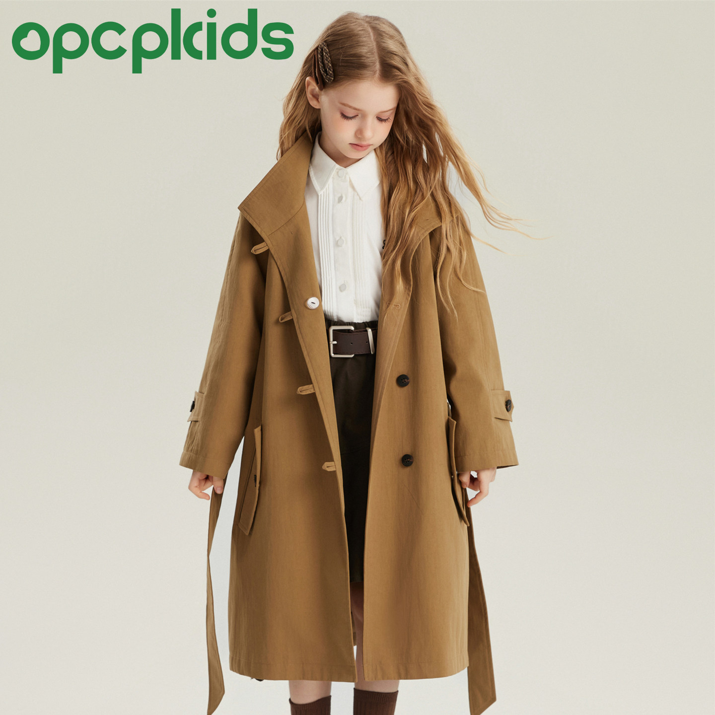 OPCP女童学院风中长款风衣