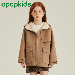 OPCP儿童双面羊毛大衣秋冬新款女童呢子外套中大童带帽风衣短款