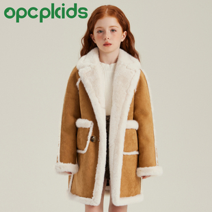OPCP儿童皮草外套冬季新款女童麂皮绒仿皮毛一体机车服中大童皮衣
