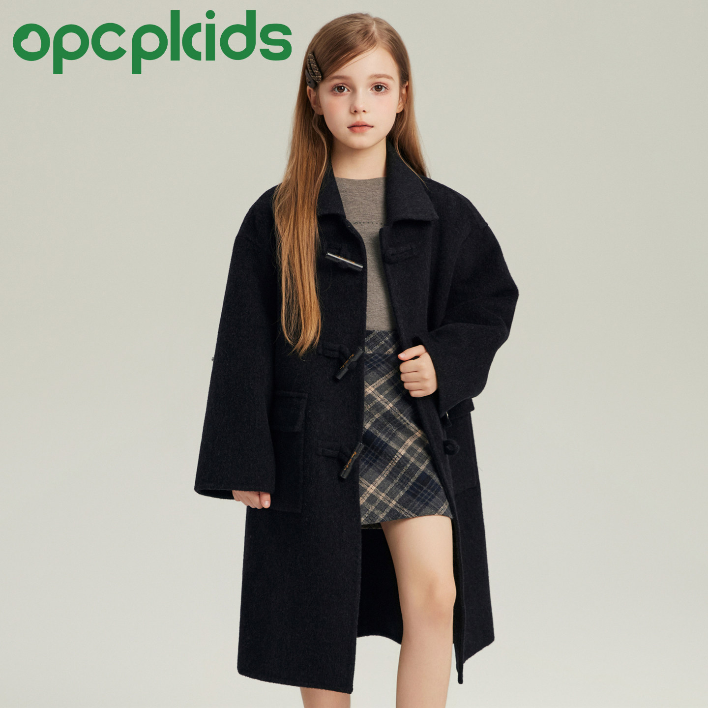 OPCP女童牛角扣毛呢大衣秋冬