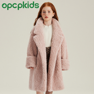 OPCP儿童皮草外套2025秋冬新款女童仿羊羔毛小女孩毛毛大衣中长款
