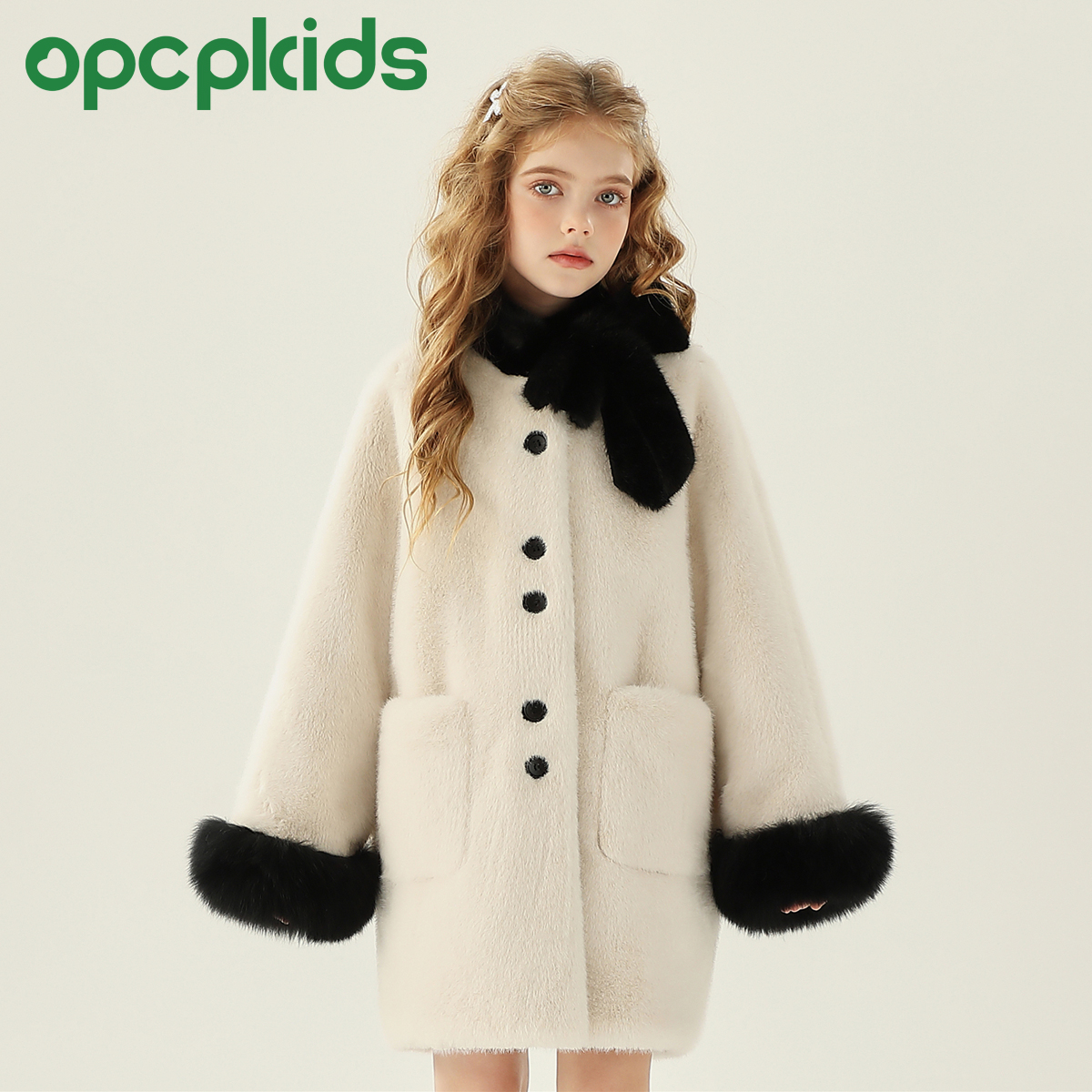 OPCP女童皮草外套狐狸毛毛袖