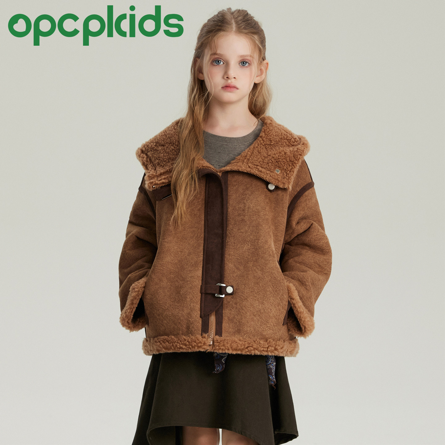 OPCP儿童复古风翻领羊羔毛皮草外套女童机车服小个子秋冬短款夹克