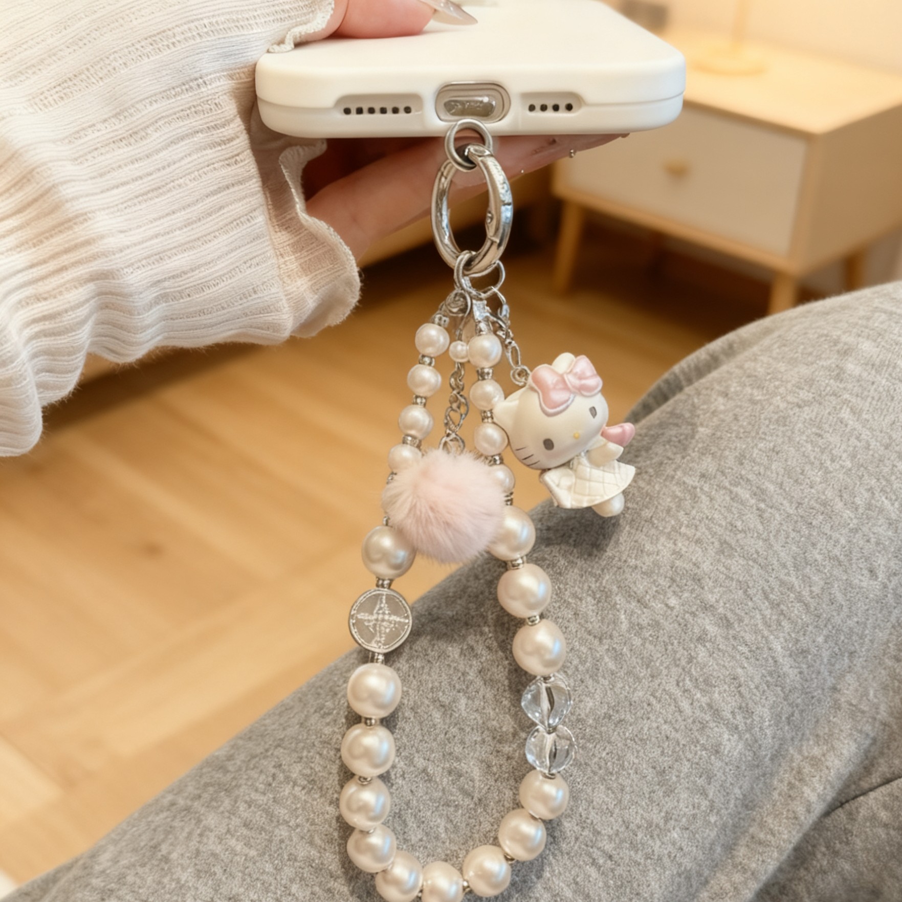 甜美少女粉色毛球吊坠串珠手机链可爱Kitty猫手机挂件钥匙扣ccd链