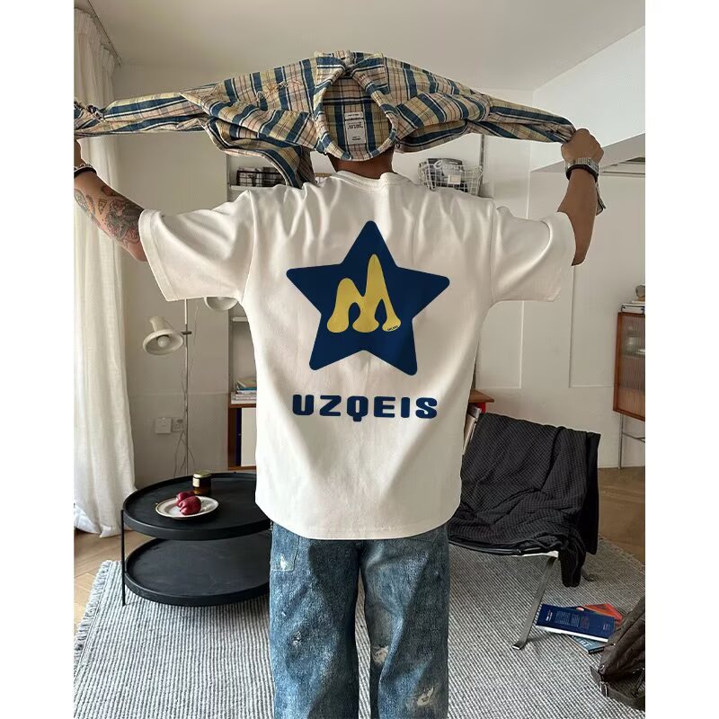 星星印花美式复古男T恤
