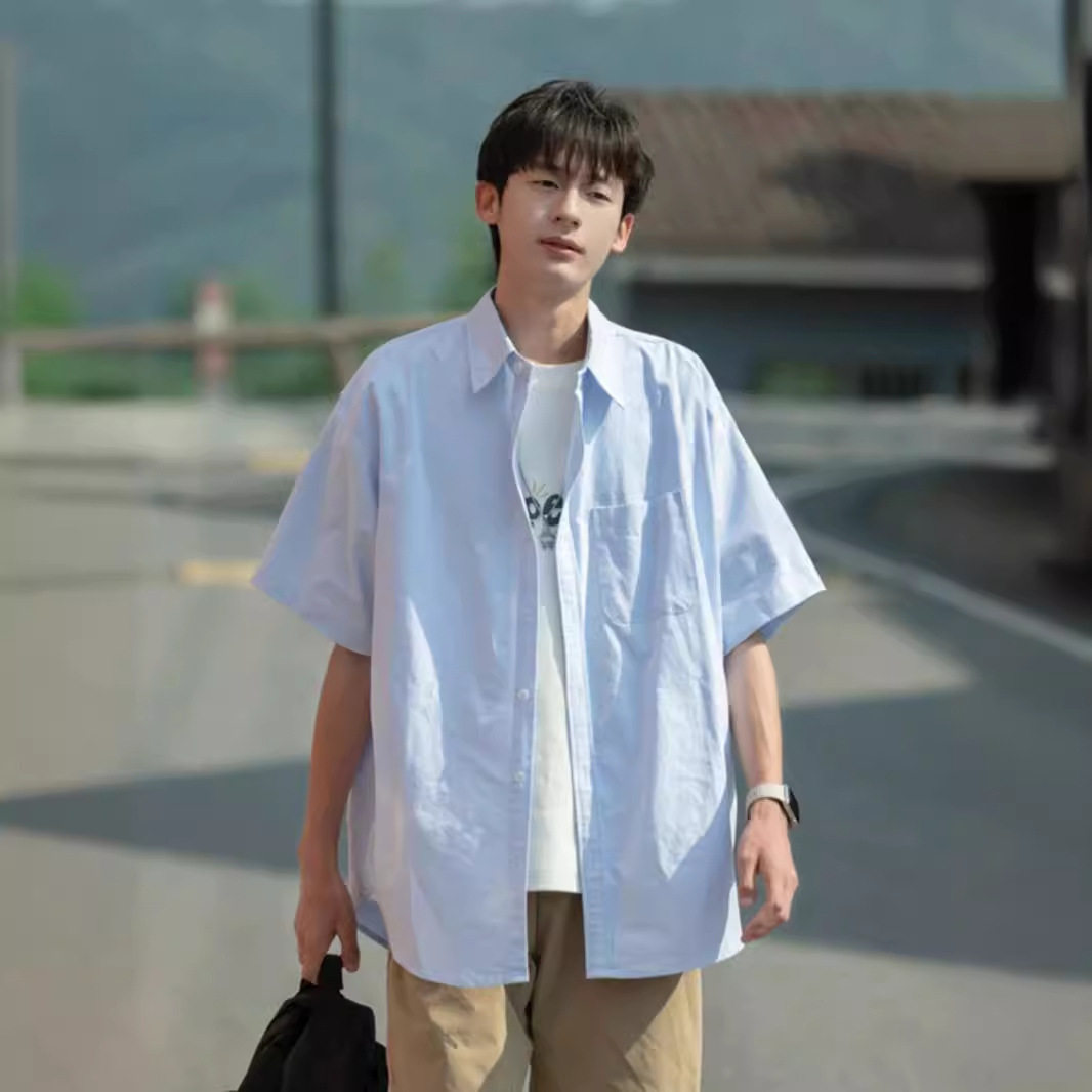 日日系工装翻领衬衫男款夏季潮牌少年感休闲衬衣学院风百搭短袖外