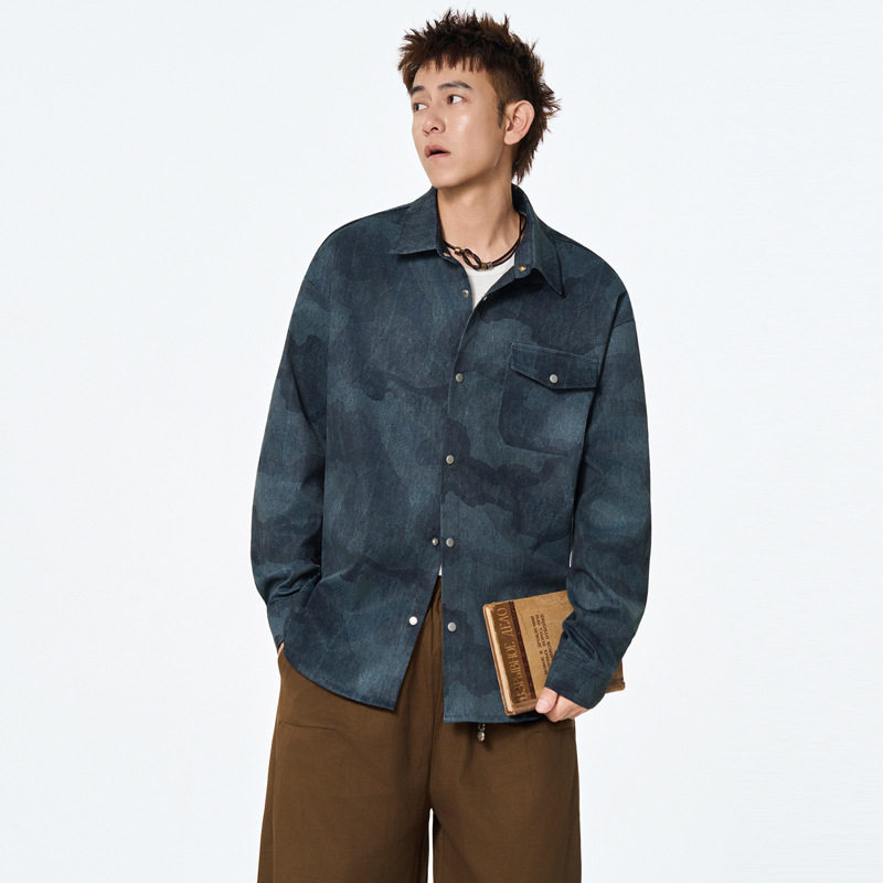 美式工装长袖衬衫男士春秋季新款复古扎染潮流男生衬衣薄外套,男装,牛仔衬衫,淘宝优惠券,粉丝福利购,淘宝优惠卷