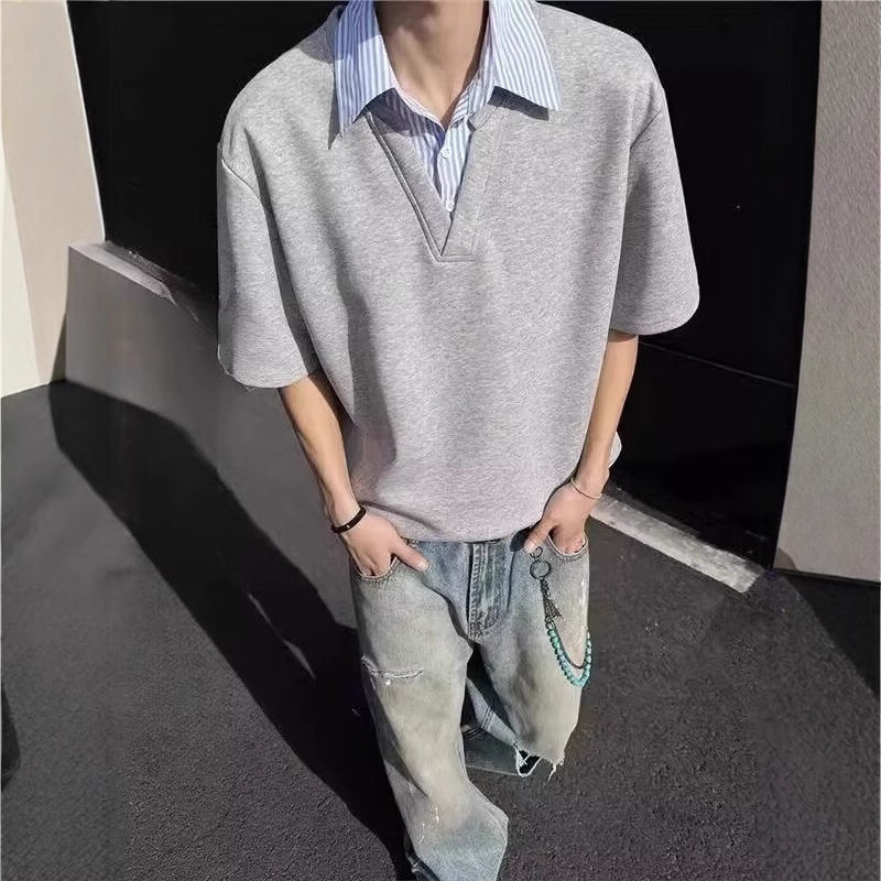 假两件衬衫领短袖T恤男款夏季潮牌高级感polo领痞帅宽松男装半袖