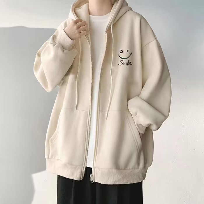男士杏色加绒连帽拉链开衫