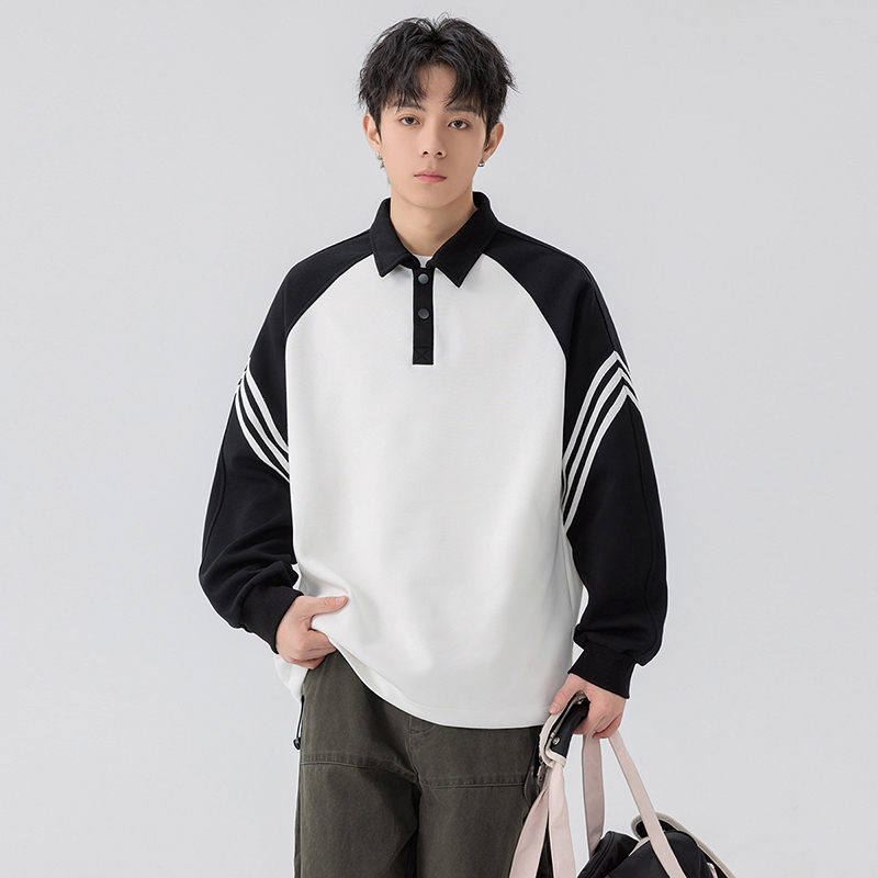重磅双面布翻领卫衣男春秋新款拼接条纹插肩袖POLO领宽松长袖