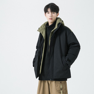 冬天假两件羽绒服男连帽美式高街潮牌白鸭绒外套拼色防寒情侣冬装