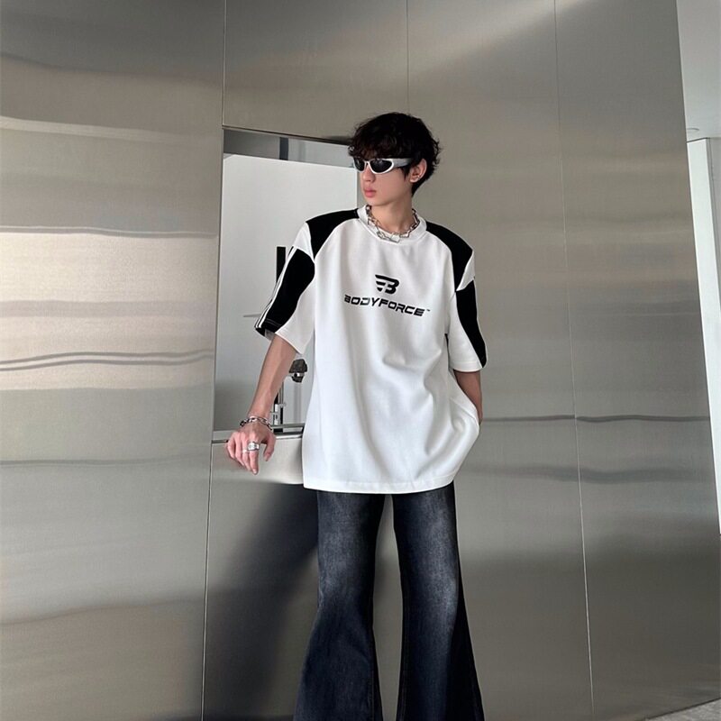 小众解构设计感拼色印花垫肩短袖T恤男夏季宽松休闲半袖潮流上衣