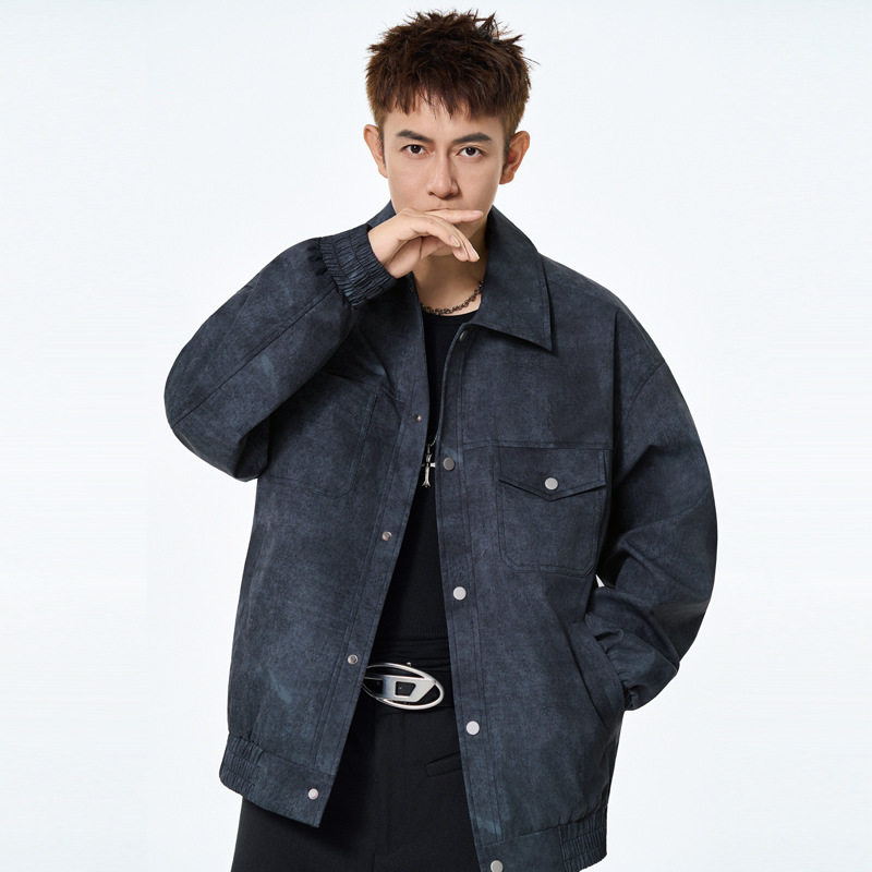 衬衫夹克男款春秋美式复古斜纹扎染外套男士休闲翻领上衣服