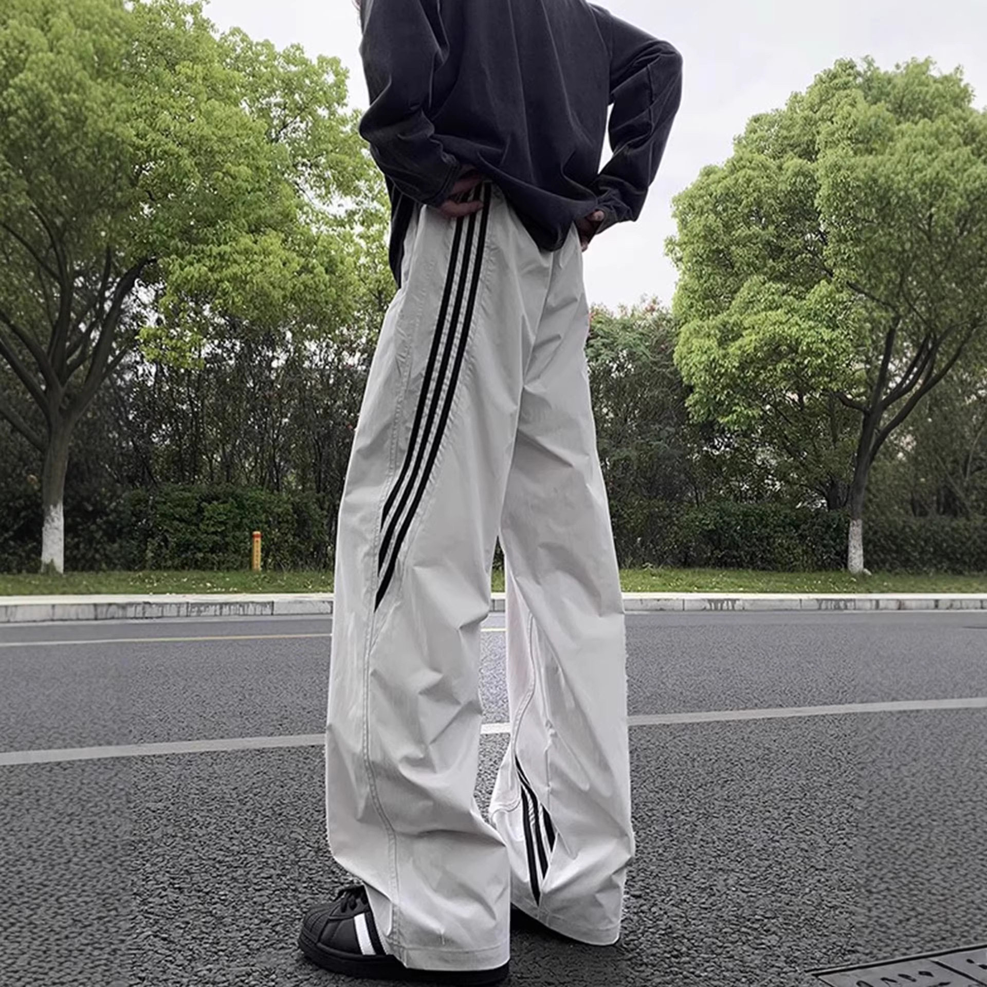 美式条纹冰丝速干裤子男夏季工装冲锋裤直筒宽松阔腿休闲运动长裤