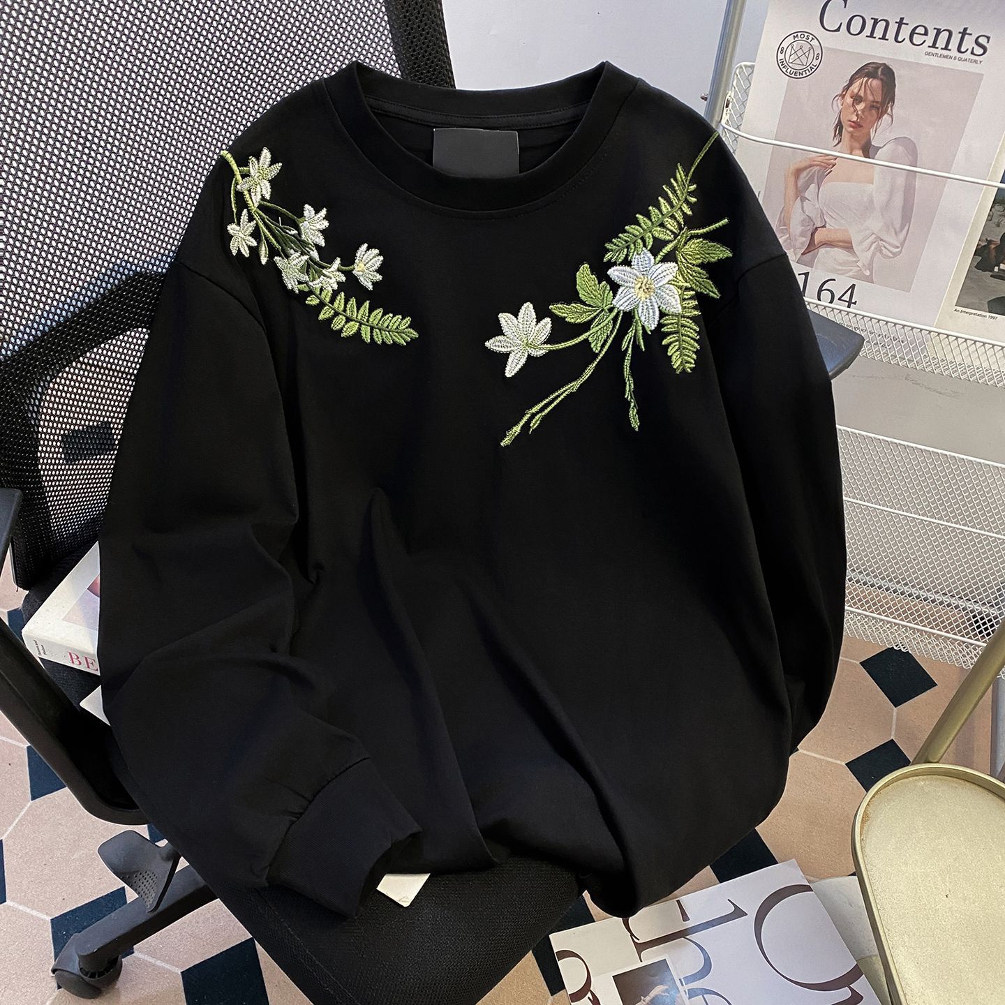 美式设计感新中式花卉花环长袖卫