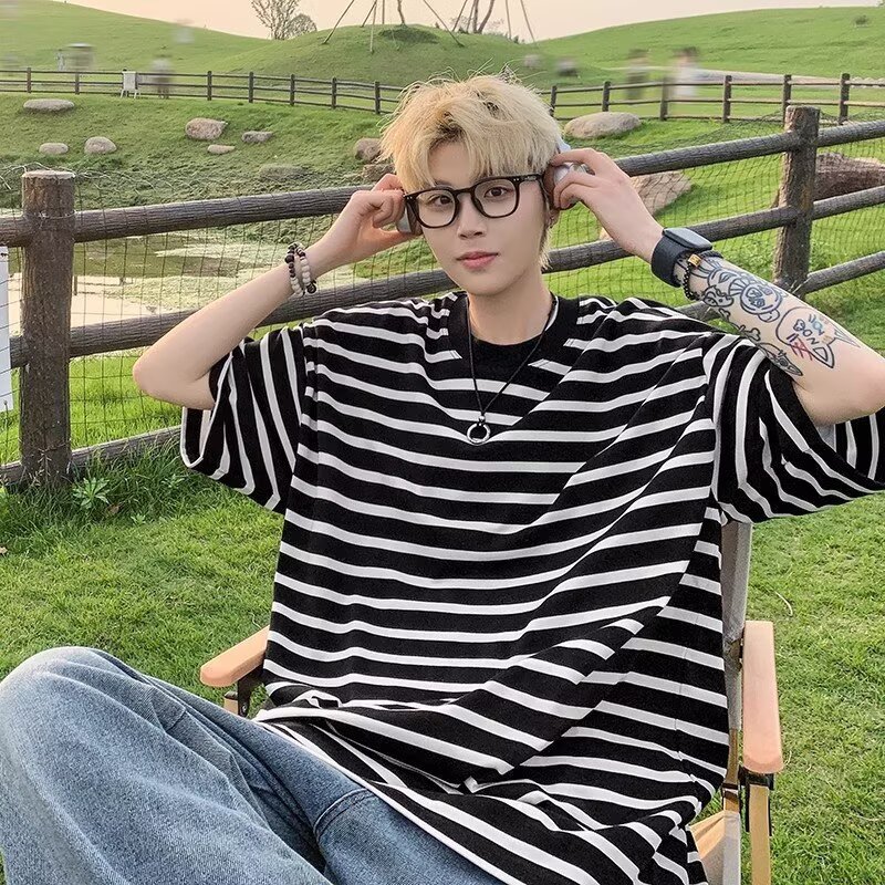 新款黑白条纹短袖男T恤
