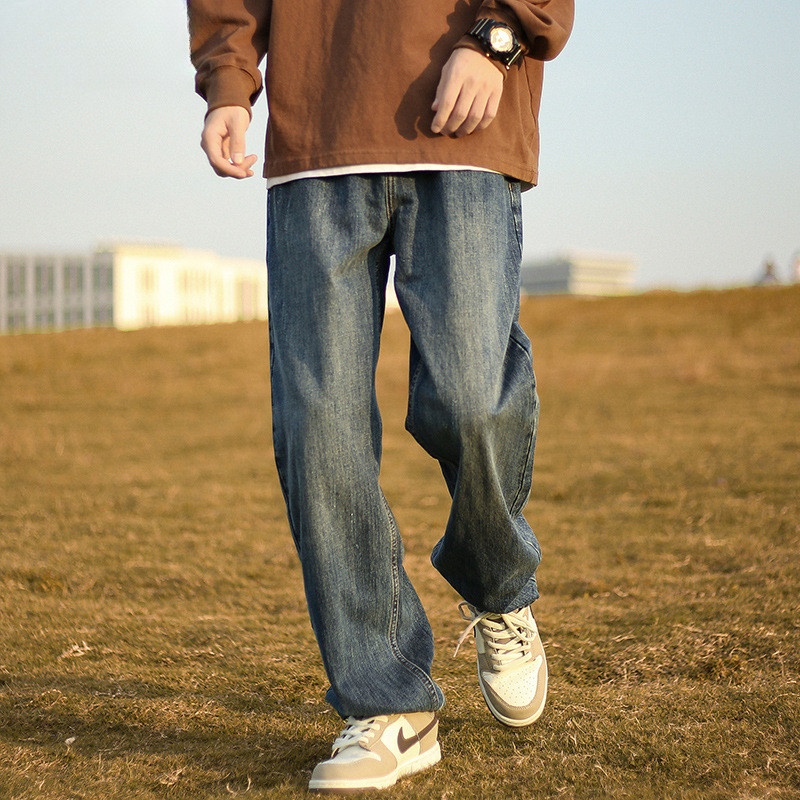 复古水洗牛仔裤男秋冬季加绒美式高街裤子潮宽松阔腿直筒长裤