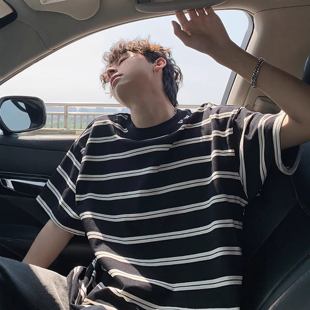 美式复古条纹t恤男短袖夏季2026新款潮牌拼色宽松重磅纯棉半袖男