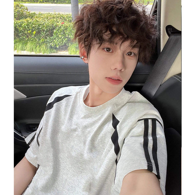 美式小众高级感拼接纯色短袖t恤男夏季简约百搭宽松条纹上衣