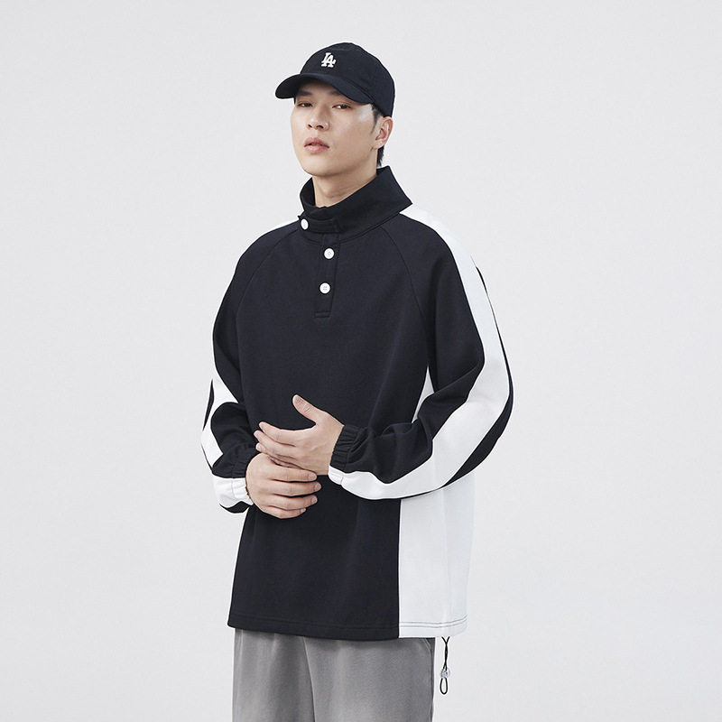 立领卫衣男士春秋季潮宽松长袖polo衫拼接撞色百搭套头运动上衣服