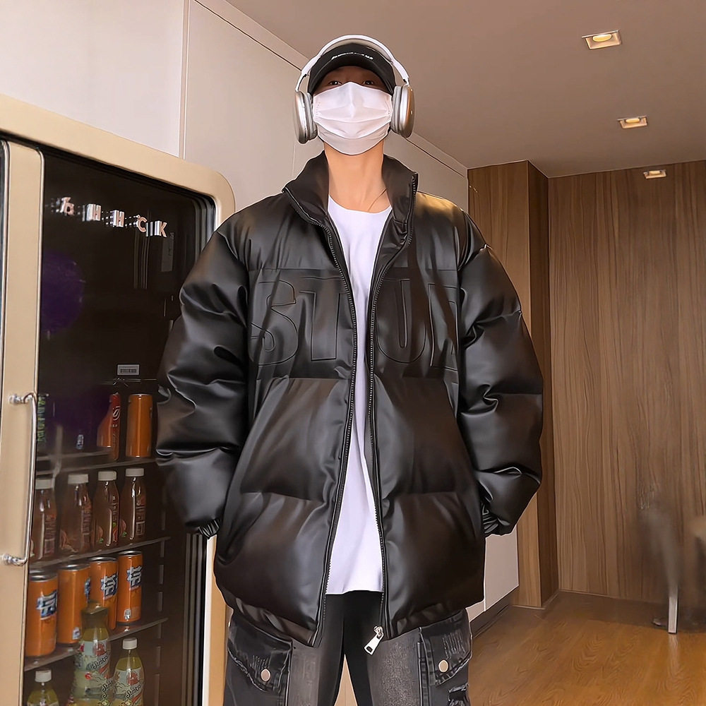 美式高街黑色皮面棉服