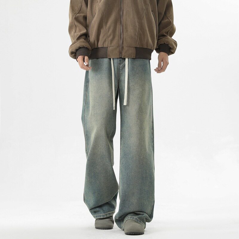 美式高街复古牛仔裤男冬季加绒加厚松紧抽绳休闲裤春秋男士直筒裤