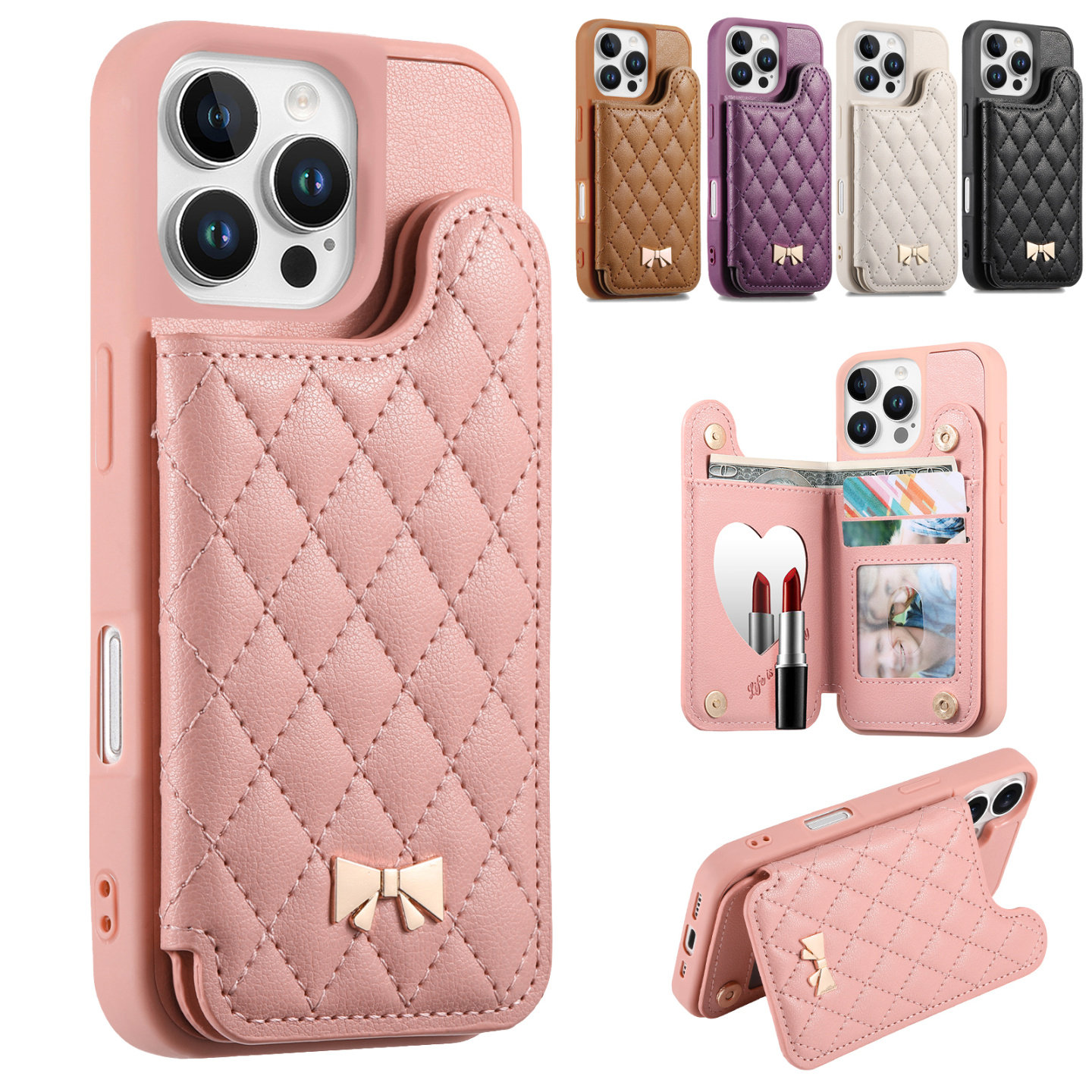 带补妆镜卡包适用iPhone16promax手机壳苹果16e外壳15plus新款14翻盖13插卡钱包12保护套11全包防摔支架