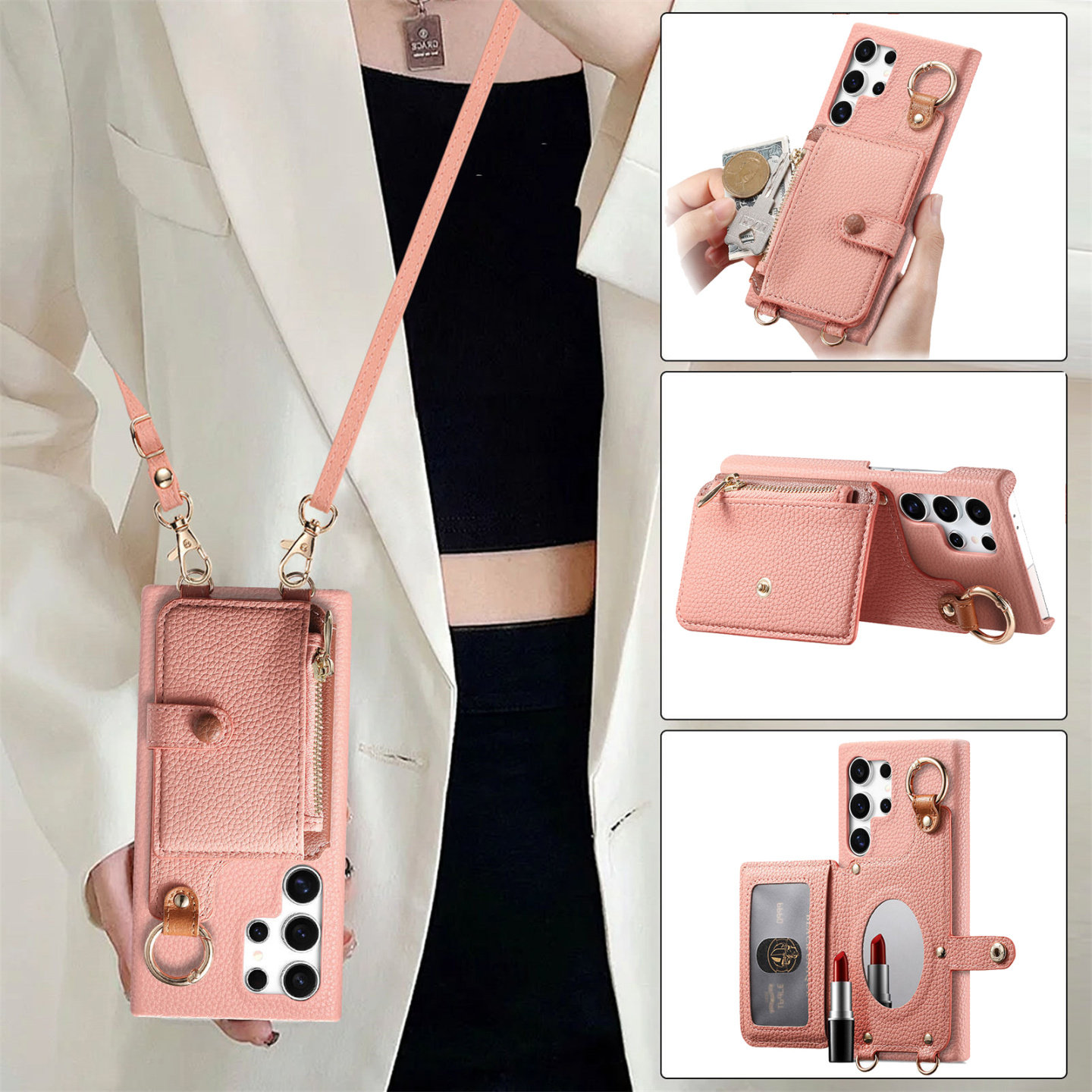 适用S26三星S25Ultra手机壳S24+带卡包S23斜跨S22拉链钱包S21FE背带可放卡A55肩带A56新款A16支架A26套A06