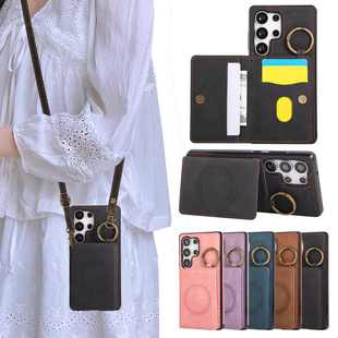 适用S26U三星s25ultra手机壳S24+带卡包S23卡夹S22支架S21FE斜挎A17挂绳皮质A07肩带A55放卡A56女A36套A16