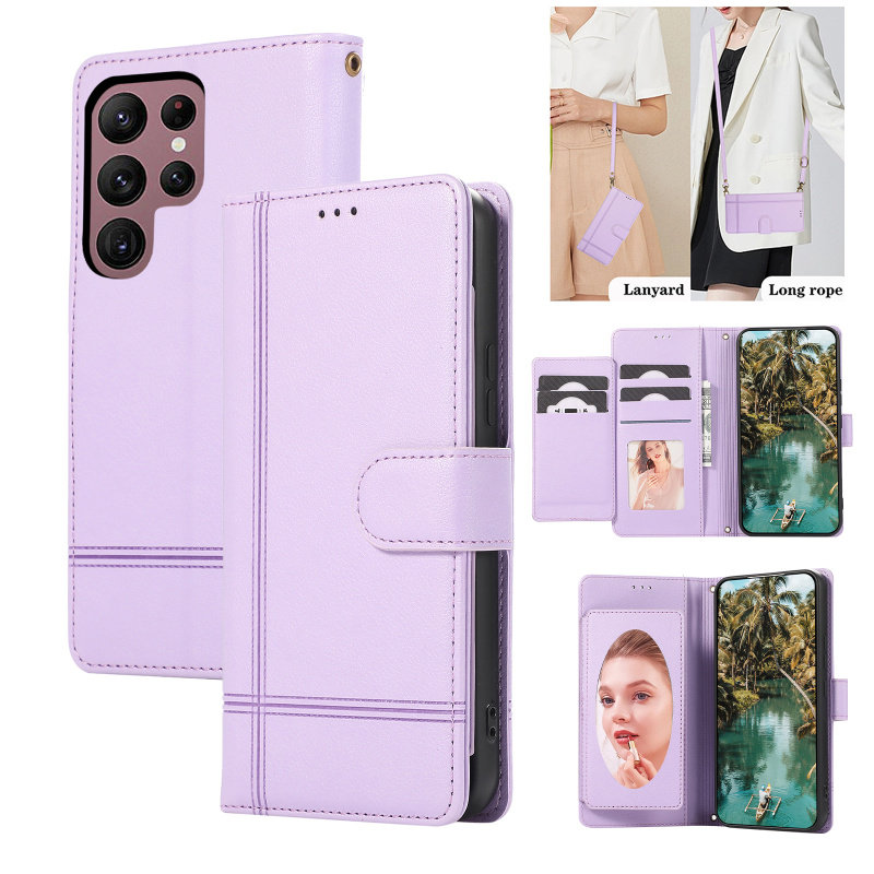 带镜子适用三星S25Ultra手机壳S26翻盖皮套s24+全包防摔S23FE可背斜跨S22放证件S21挂绳Note20卡包S20新款