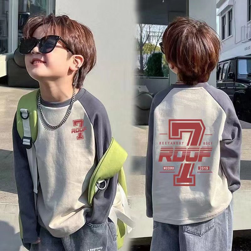 Boys' cotton color-blocked long-sleeved T-shirt, spring and autum