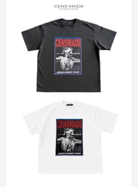 CENSMADE 26SS美式做旧复古骷髅印花Boxy短宽短袖纯棉T恤vintage