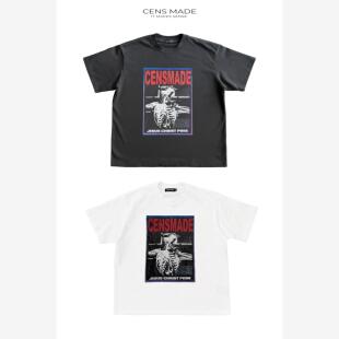 纯棉T恤vintage 做旧复古骷髅印花Boxy短宽短袖 CENSMADE 26SS美式