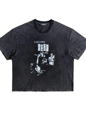 UNKNOWNWORLD 25SS 日晒水洗做旧破坏磨毛短宽UNK FLAG印花T恤