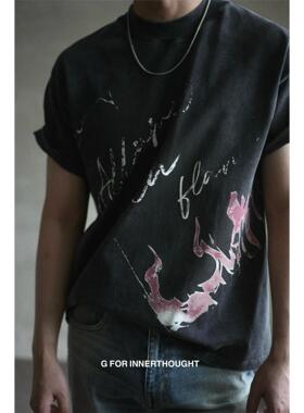 G FOR INNERTHOUGHT复古纯棉水洗斑驳立体印花涂鸦火焰短袖T恤体