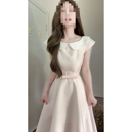 法式气质娃娃领粉色洋装子女2026春夏季巨好看收腰显瘦减龄长裙