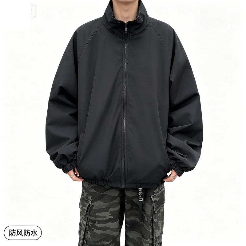 春秋季防风防水休闲夹克薄外套宽松大码纯色青年百搭冲锋衣