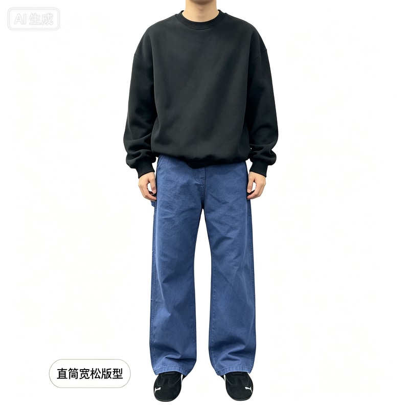 美式高街复古法工蓝男款高级感水洗cleanfit小众休闲直筒牛仔裤子图片