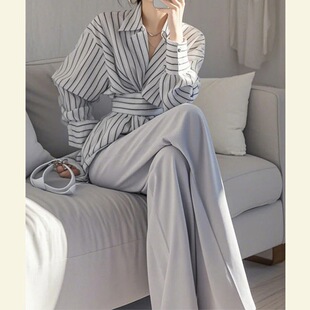 入春穿搭一整套盐系轻熟干练气质又a又飒灰色条纹衬衫职业套装裤