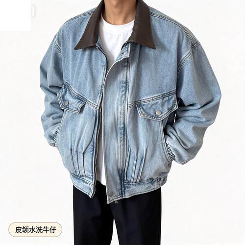 美式复古巴恩风皮领水洗牛仔外套男底特律重磅工装夹克哈灵顿外套