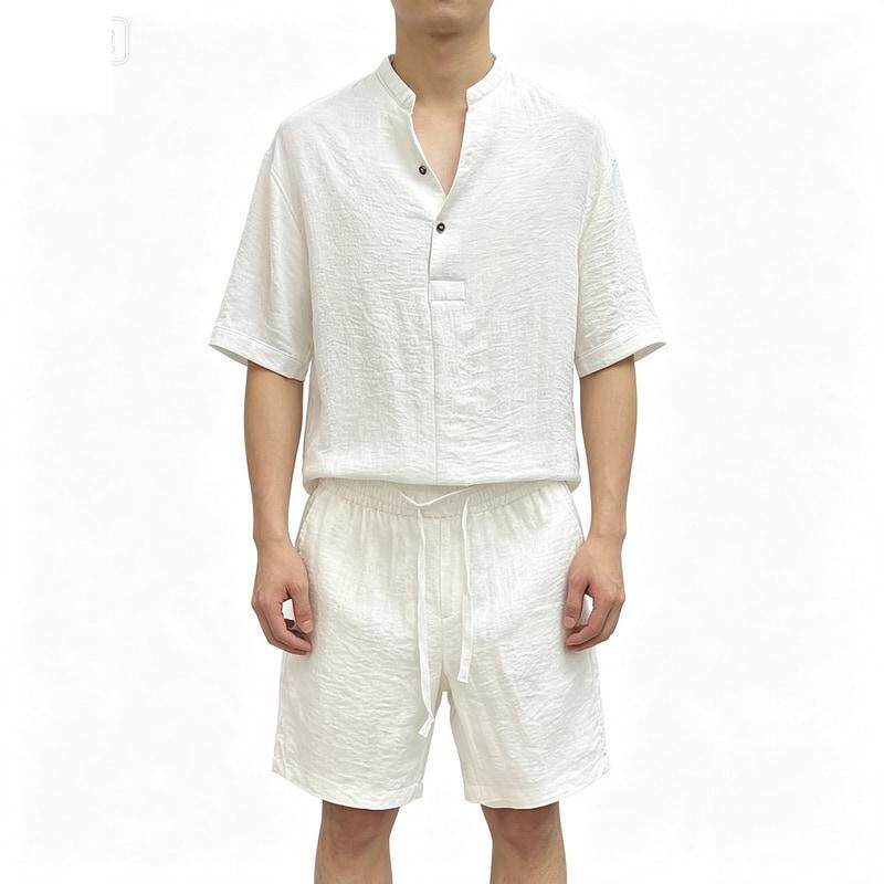 简约纯色夏季薄款休闲套装男士中国风简约衬衫短裤轻薄透气两件套