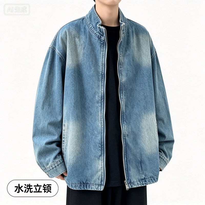 街头水洗立领牛仔外套男士秋季痞帅宽松工装上衣复古拉链开衫