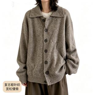 秋冬日系中性复古针织衫男女生学院风BF宽松简约情侣开衫毛衣外套