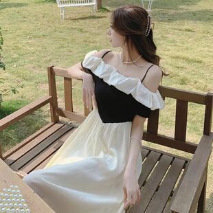 收腰气质长裙 高级感修身 一字领拼接撞色吊带连衣裙女早春新款 法式