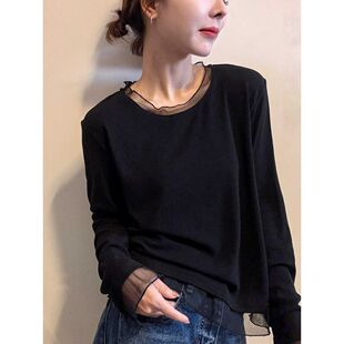 新款 大码 上衣女秋冬季 拼接网纱长袖 宽松显瘦遮肉保暖上衣 德绒韩版