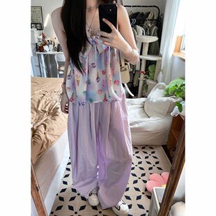 两件套 休闲阔腿长裤 小众辣妹蝴蝶结显瘦背心吊带夏季 2024年新款